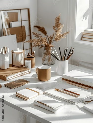 Clean and modern arrangement of stationery items on a minimalist desk  perfect for showcasing office supplies.