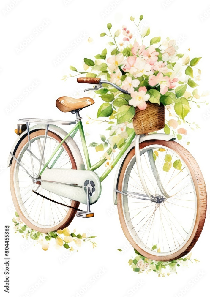 Oldfashioned bicycle adorned with wildflowers and ivy, a whimsical rural setting, delicate and vibrant watercolor, isolated on white background