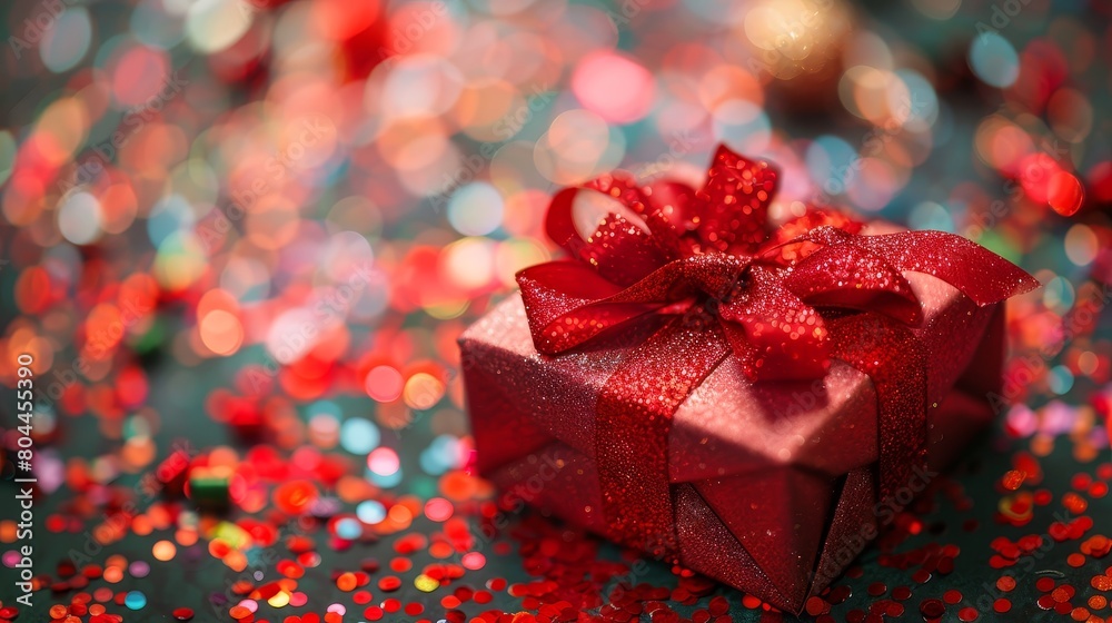 An elegant gift box with a red ribbon on a festive Christmas background An elegant gift box with a red ribbon on a festive Christmas background