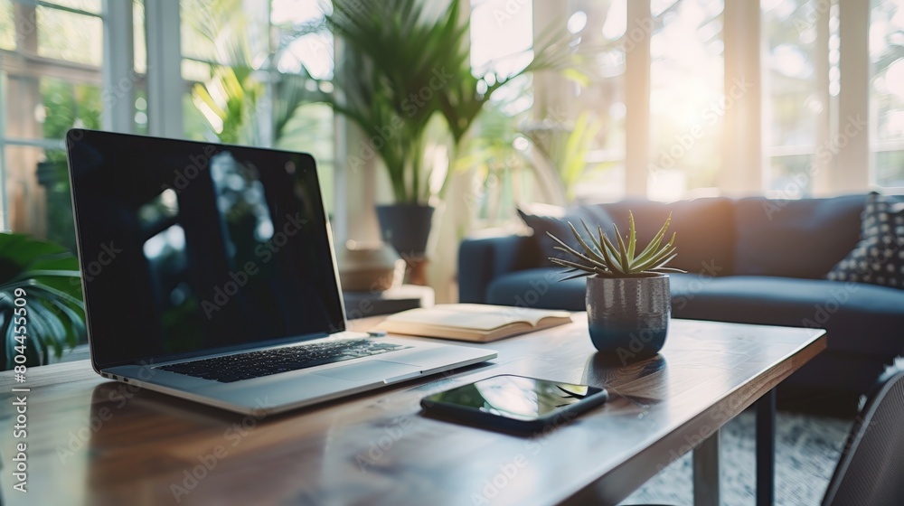 Modern office desk setup with a laptop and smartphone, emphasizing productivity and connectivity. Modern office desk setup with a laptop and smartphone, emphasizing productivity and connectivity.