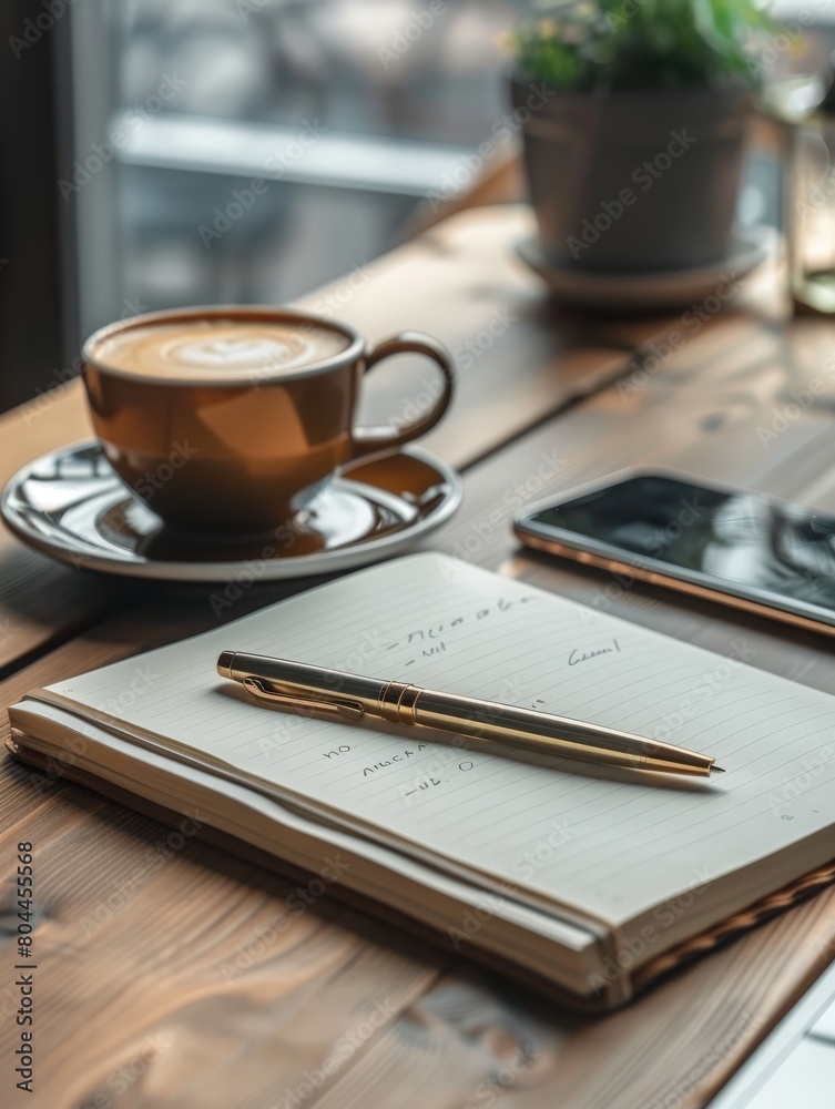Modern office desk setup with a notepad, pen, and smartphone, highlighting productivity and organization. Modern office desk setup with a notepad, pen, and smartphone, highlighting productivity and organization.