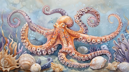Soothing watercolor of an octopus gliding peacefully over a seabed dotted with sea anemones and shells, creating a calming bedtime scene © Alpha