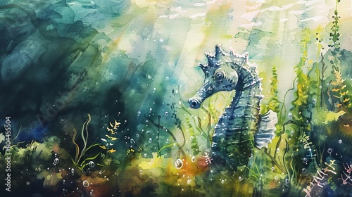 Tranquil watercolor illustration of a tiny seahorse hiding in an underwater garden, subtle light rays filtering through water enhancing the mystical vibe