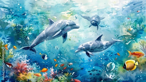Tranquil watercolor of dolphins gliding through a deep sea adventure, surrounded by a variety of colorful fish and marine life © Alpha