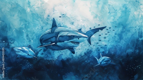 Tranquil watercolor scene with a mother shark and her pups in the deep blue sea  showcasing family bonds and the mystery of the ocean