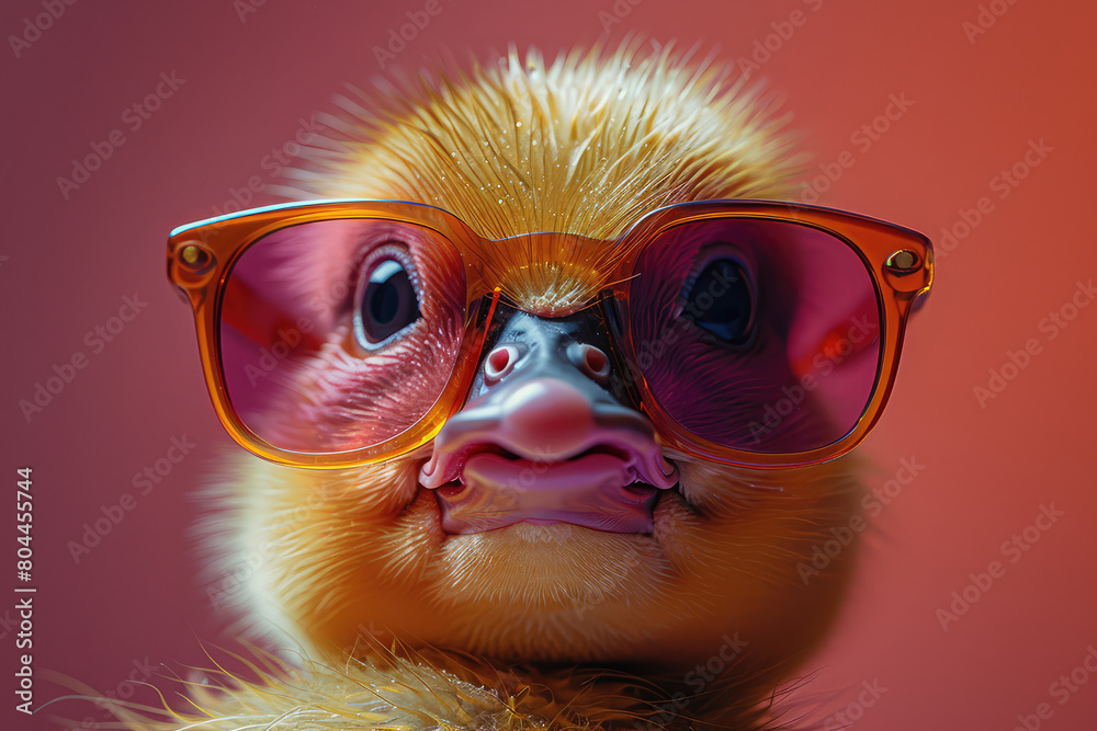 Cute baby duck wearing purple glasses. Created with Ai