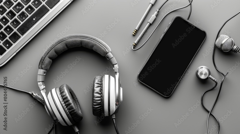 Unbranded headphones and music player on a clean surface, emphasizing audio products. Unbranded headphones and music player on a clean surface, emphasizing audio products.