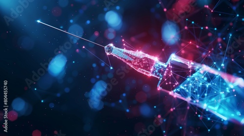 Glowing hologram of syringe 3D model with dark background.