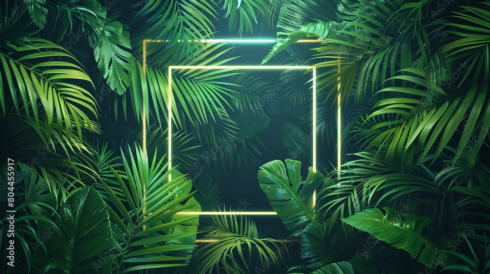 palm leaves in shades of olive green, moss green, and chartreuse, encircling a glowing square frame on a tropical neon background