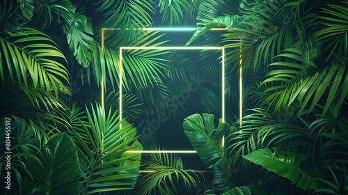 palm leaves in shades of olive green  moss green  and chartreuse  encircling a glowing square frame on a tropical neon background