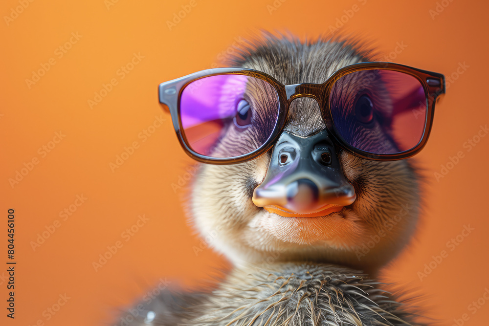 A duckling wearing oversized sunglasses, giving the camera an adventurous and cool look in a closeup shot with vibrant colors. Created with Ai