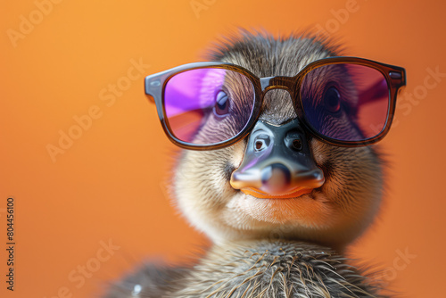 A duckling wearing oversized sunglasses  giving the camera an adventurous and cool look in a closeup shot with vibrant colors. Created with Ai