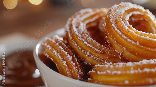 A bowl of freshly made, hot and crispy churros. They are sprinkled with sugar and drizzled with chocolate sauce