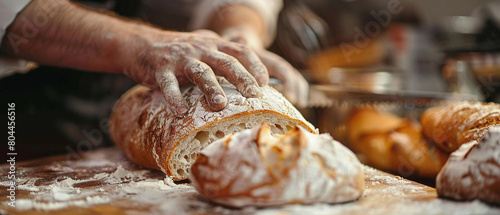 Kneading dough. Freshly baked bread on a wooden table photo