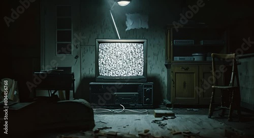 A full screen shot of an old cathode television set showing only white noise iin a dark and isolated room.  photo
