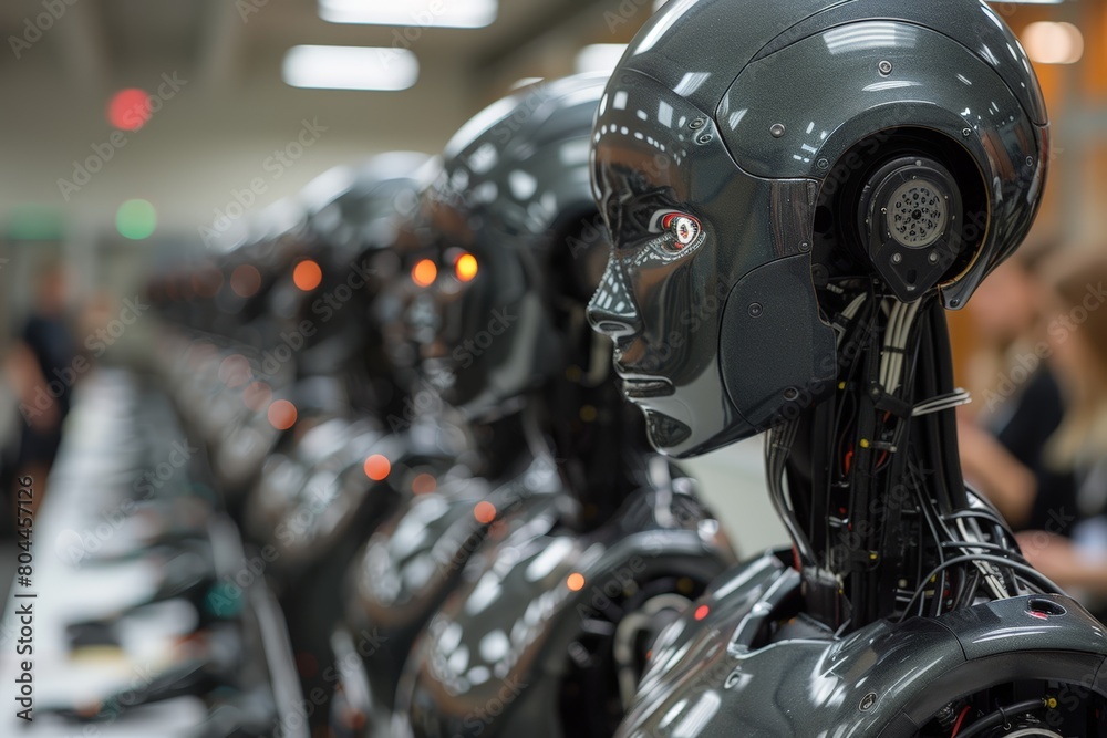 Fototapeta premium Row of robot heads in advanced robotics lab