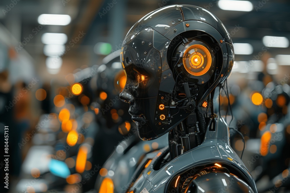 Robot standing in front of group of people Robot standing in front of group of people