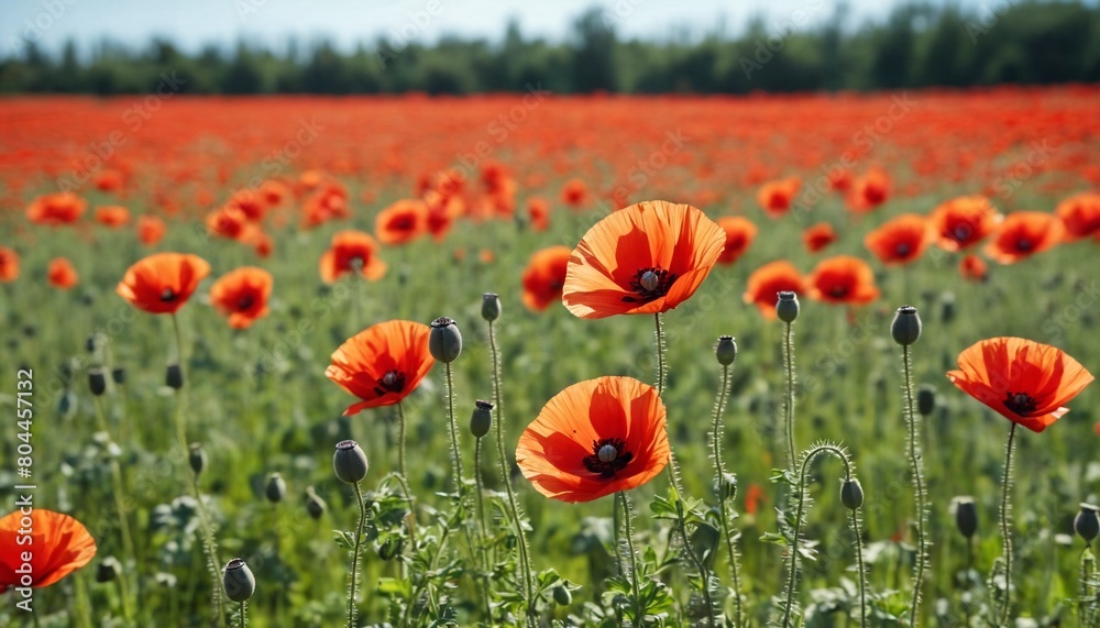 Panoramic banner of a flower meadow of poppies in the sun. Beautiful flowers in nature close-up. Natural spring and summer landscape with red poppies.