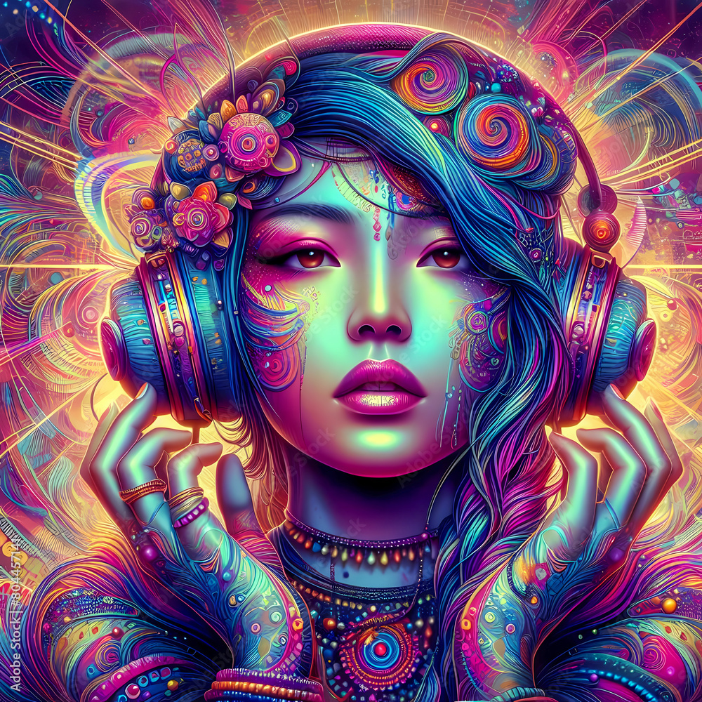 Digital art vibrant colorful psychedelic beautiful woman with headphones vibin to music