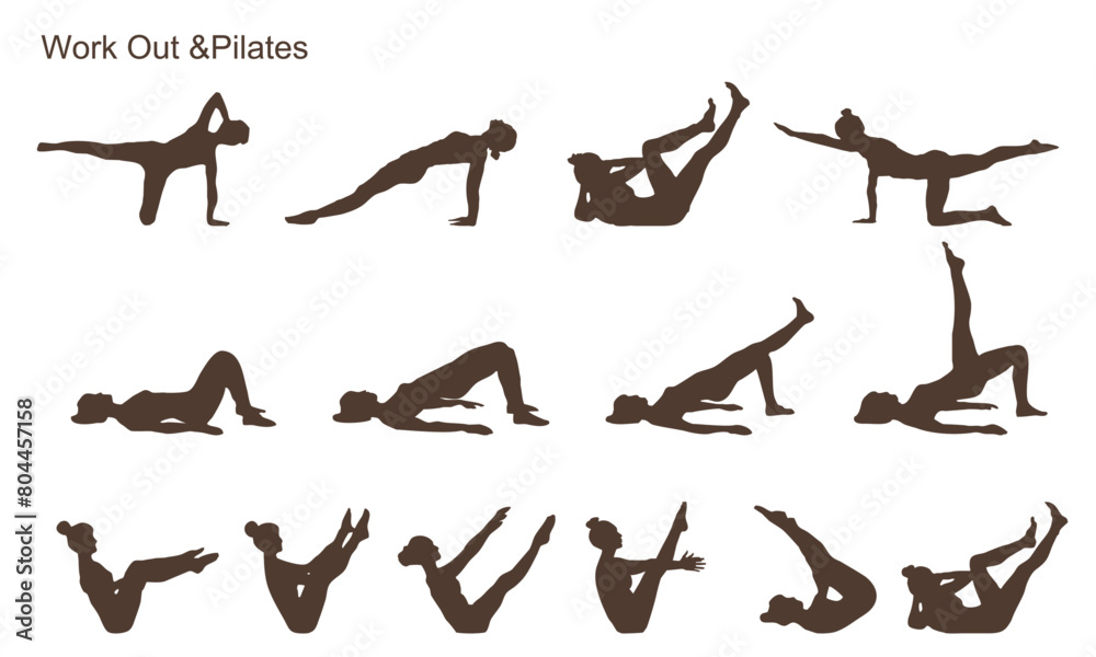 Set of pilates and work out icons. Women's silhouette of sport and yoga works. Vector illustration.