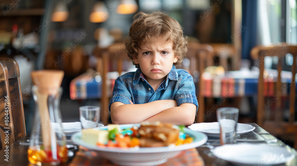 Boy with arms crossed at the dinner table who won't eat