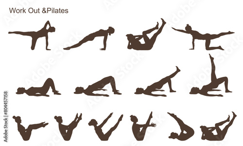 Set of pilates and work out icons. Women's silhouette of sport and yoga works. Vector illustration.