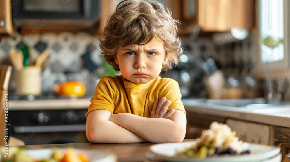 Girl with arms crossed at the dinner table who won't eat. Girl with arms crossed at the dinner table who won't eat.