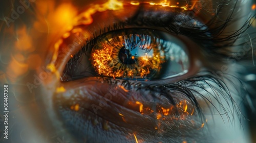 Close-up of a crying eye with forest fire reflections. Forest fire prevention concept © Pravinrus