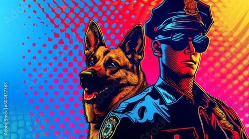 Vector illustration of police officer with dog. Comic book. photo