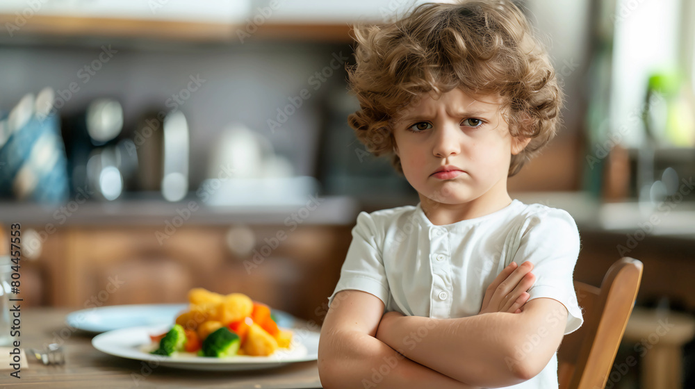 Girl with arms crossed at the dinner table, won't eat. Girl with arms crossed at the dinner table, won't eat.