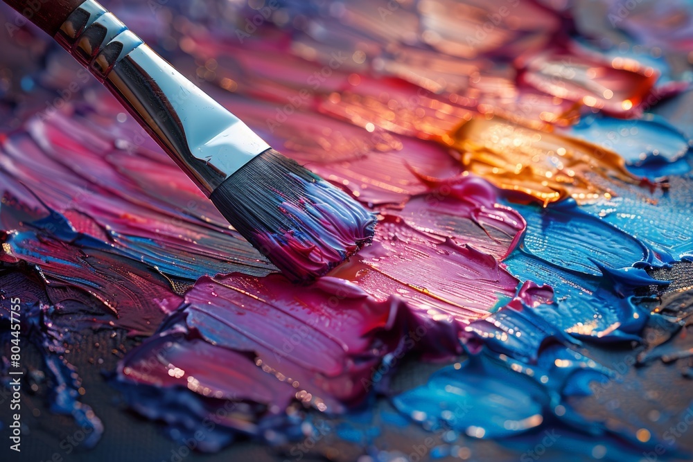 Fototapeta premium Close-up of paintbrush on paint palette