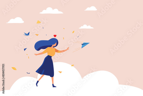 A lively and cheerful cartoon girl with an adorable paper plane, Illustration, free icon, freedom