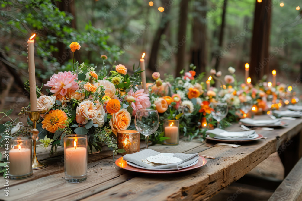 Elegantly set long table with candles and flowers