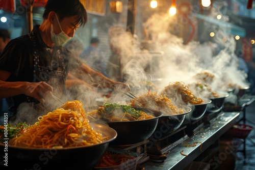 Man in mask cooking food on grill