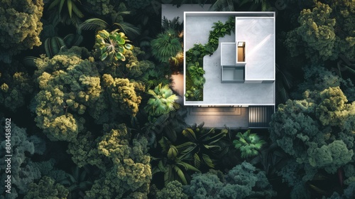 An aerial view of a modern eco friendly house nestled among lush greenery forest