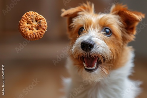 Brown and white dog snapping cracker photo