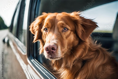Dog travel by car. Nova Scotia Duck Tolling Retriever looking through window on road.
