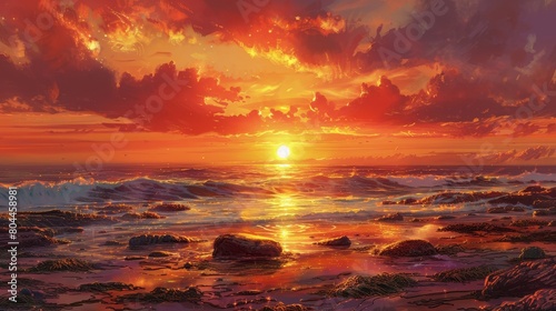 Craft an image of a majestic sunset seascape #804458981