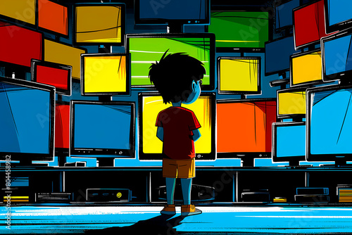 This vibrant illustration captures a child surrounded by numerous colorful television screens, engrossed in the digital world overwhelming his senses photo