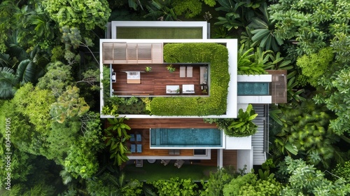 An aerial view of a modern eco friendly house nestled among lush greenery forest