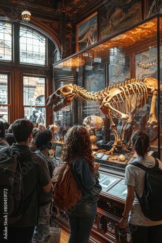 People observing dinosaur skeleton at international museum © yuliachupina