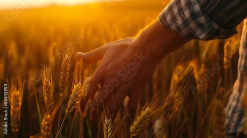 Closeup of a male hand touching a wheat field at sunset, photo