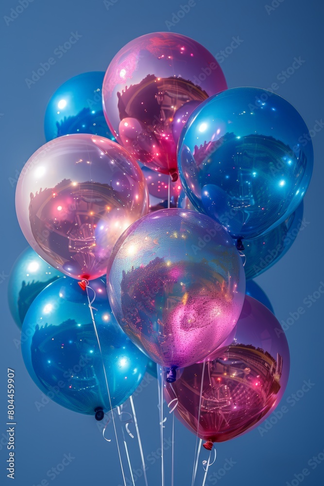 Colorful iridescent party balloons floating in the air Colorful iridescent party balloons floating in the air