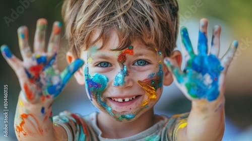 Happy little boy playing with paint