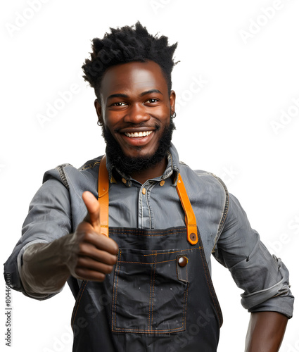 Young african or melanesian man as a barista or business owner standing with okay hand gesture isolated on white background. coffee shop waiter uniform. photo