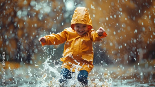 Little child in rain coat playing in rain outdoors