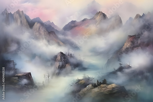 dreamy mountain fog, abstract landscape art, painting background, wallpaper, generative ai