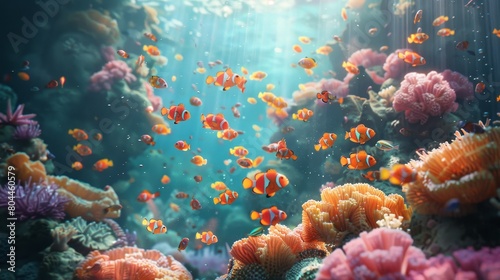 Craft an image of a paradise coral reef teeming with vibrant marine life
