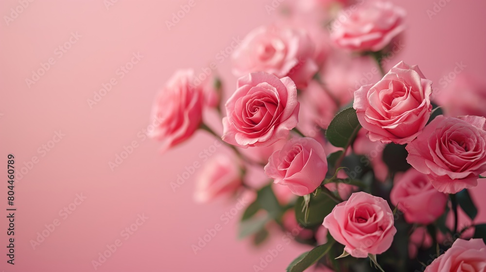 Obraz premium Bouquet of pink roses on a soft pink background. Beauty and holiday concept. Design for wedding invitation, greeting card. Celebration banner with copy space.