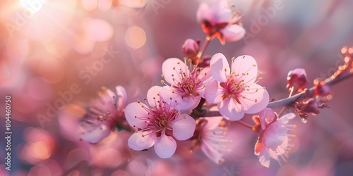 Pink cherry blossoms with soft bokeh background. Spring bloom nature concept. Design for wedding invitation  greeting card. Spring event banner with copy space.